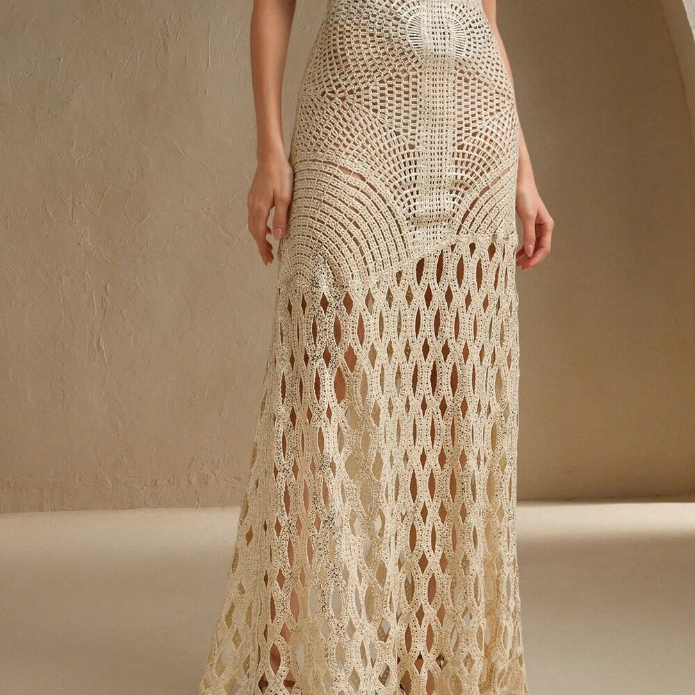 Beige Women's Elegant Knot Braided Festival Skirt with 3D Embroidery - Picture 4 of 7